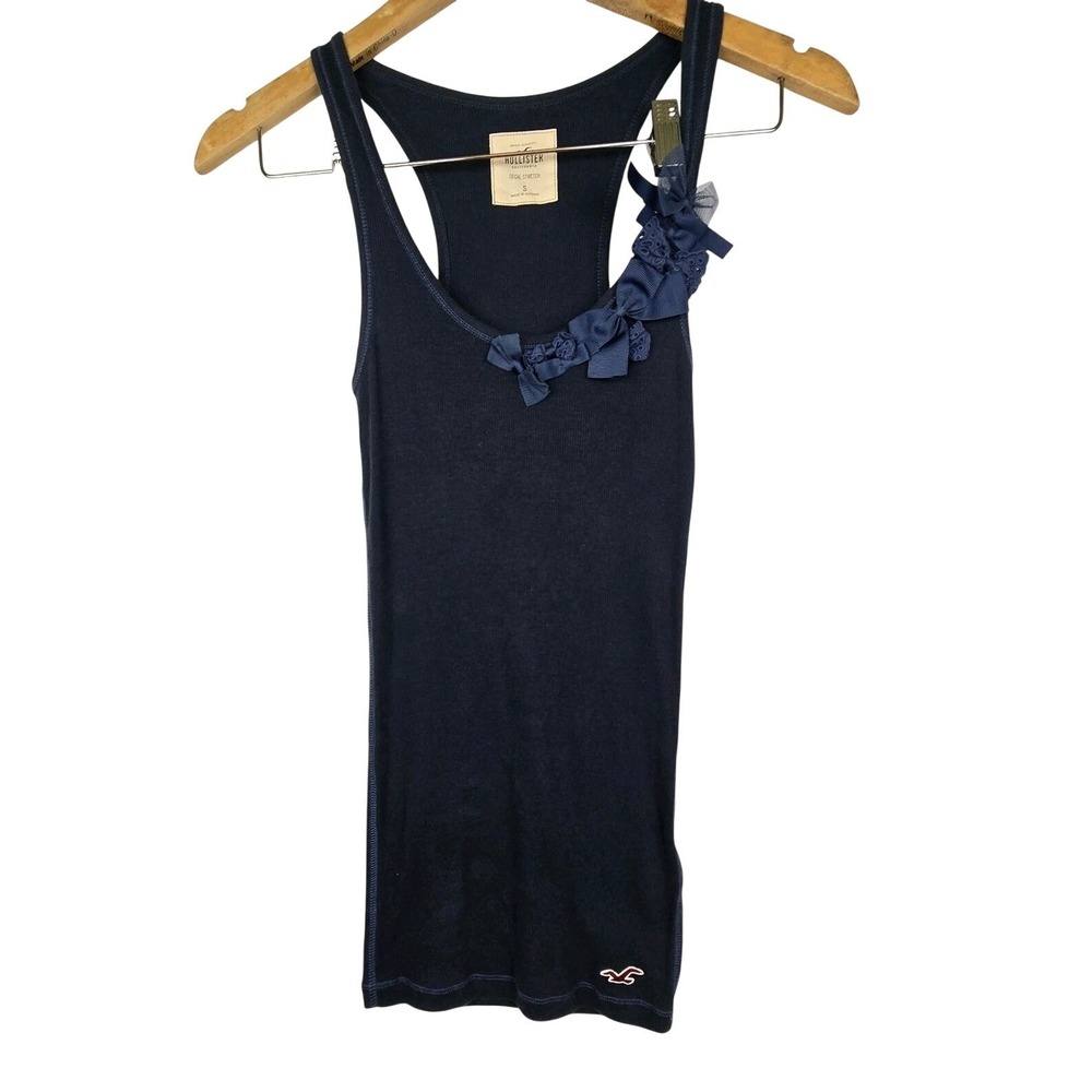 Hollister Y2K Navy Blue Ribbed Racerback Tank Top Bow layering tank top Small